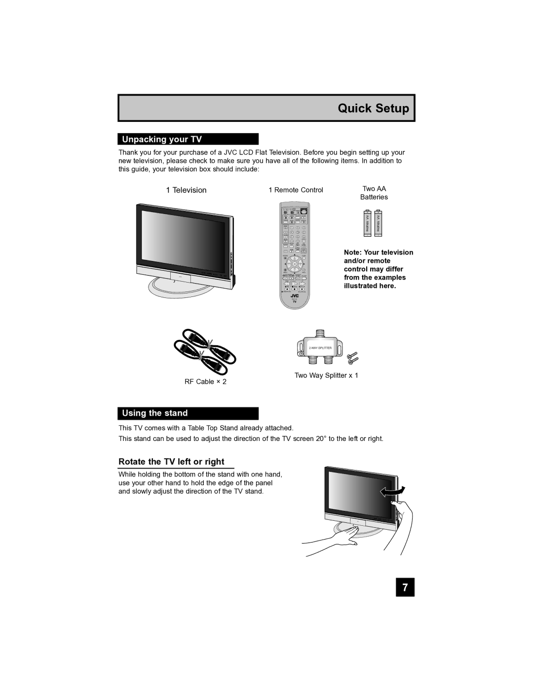 JVC LT-40FH97 manual Unpacking your TV, Using the stand, Rotate the TV left or right 