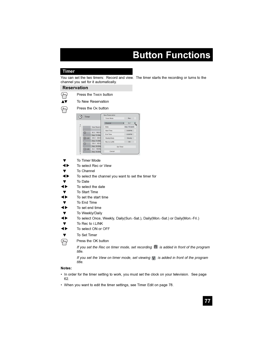 JVC LT-40FH97 manual Timer, Reservation 