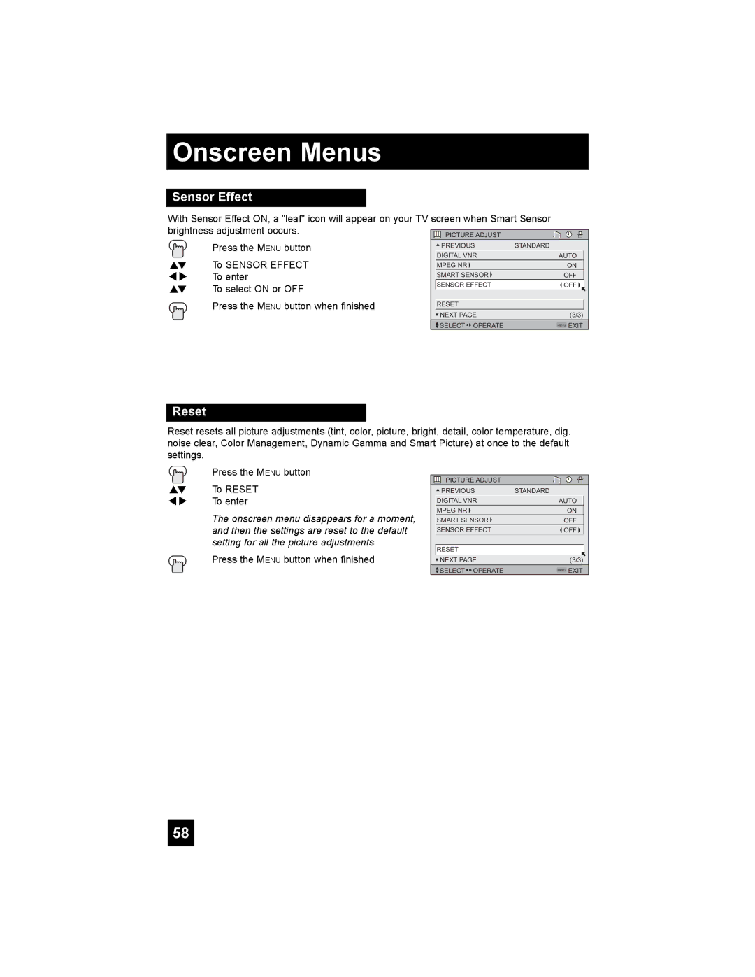 JVC LT-40X667 manual Sensor Effect, Reset 