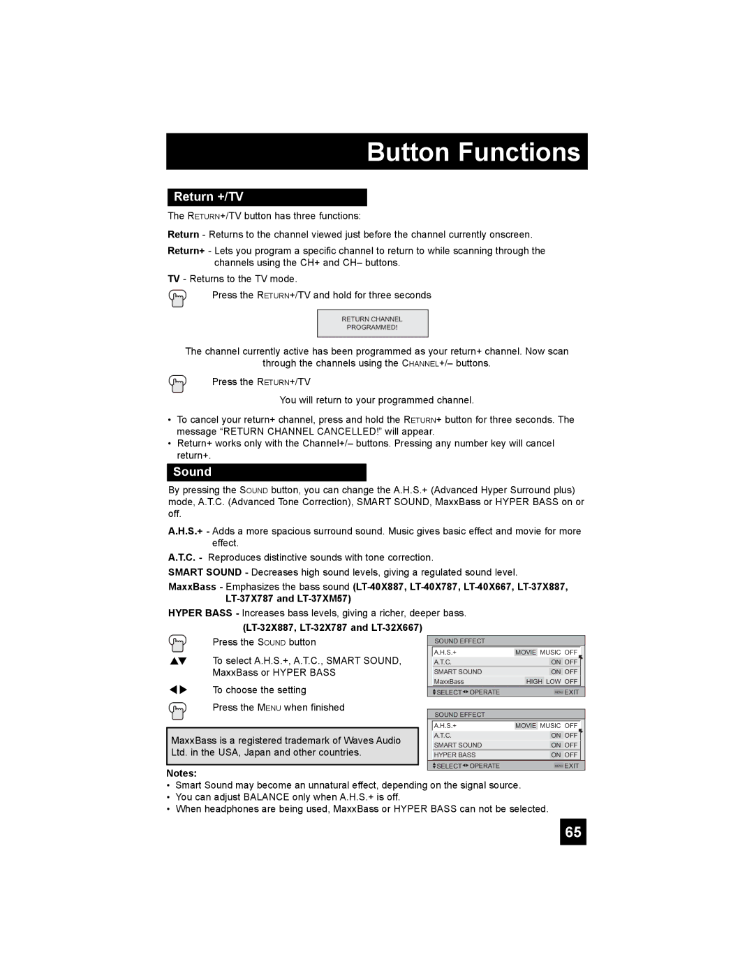 JVC LT-40X667 manual Return +/TV, Sound, LT-32X887, LT-32X787 and LT-32X667 