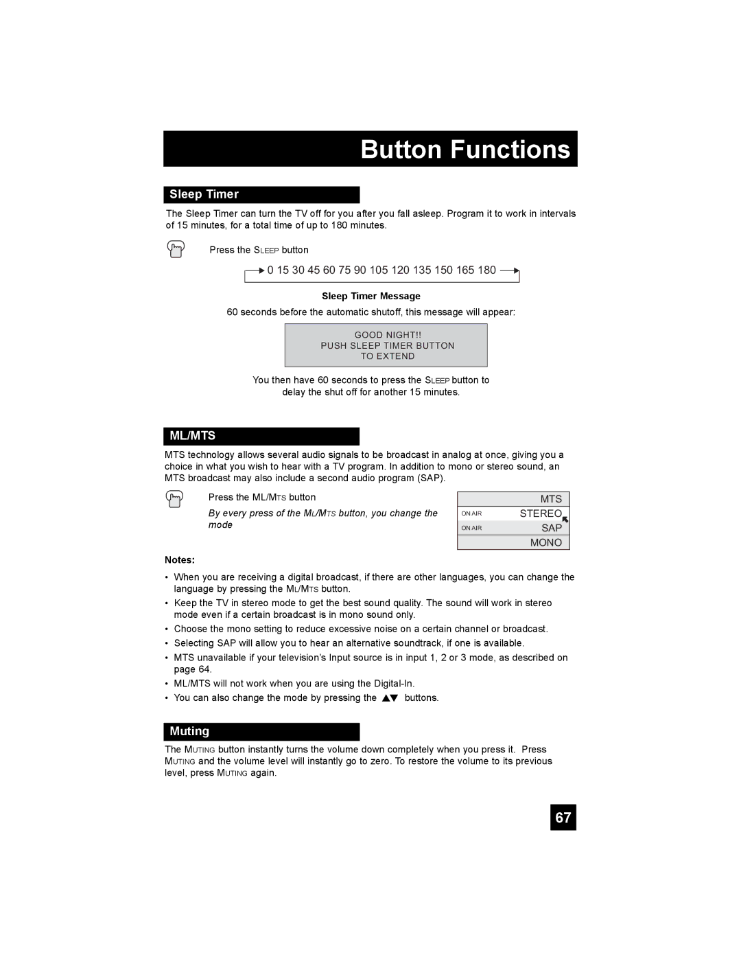 JVC LT-40X667 manual Muting, Sleep Timer Message 