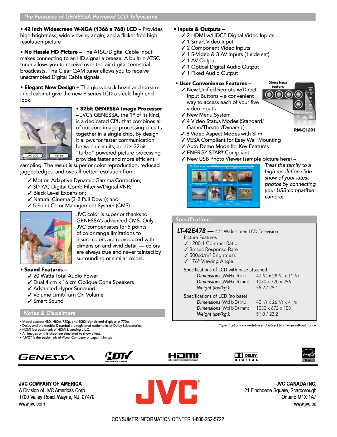 JVC LT-42E478 manual The Features of GENESSA Powered LCD Televisions, 32bit GENESSA Image Processor, Sound Features 