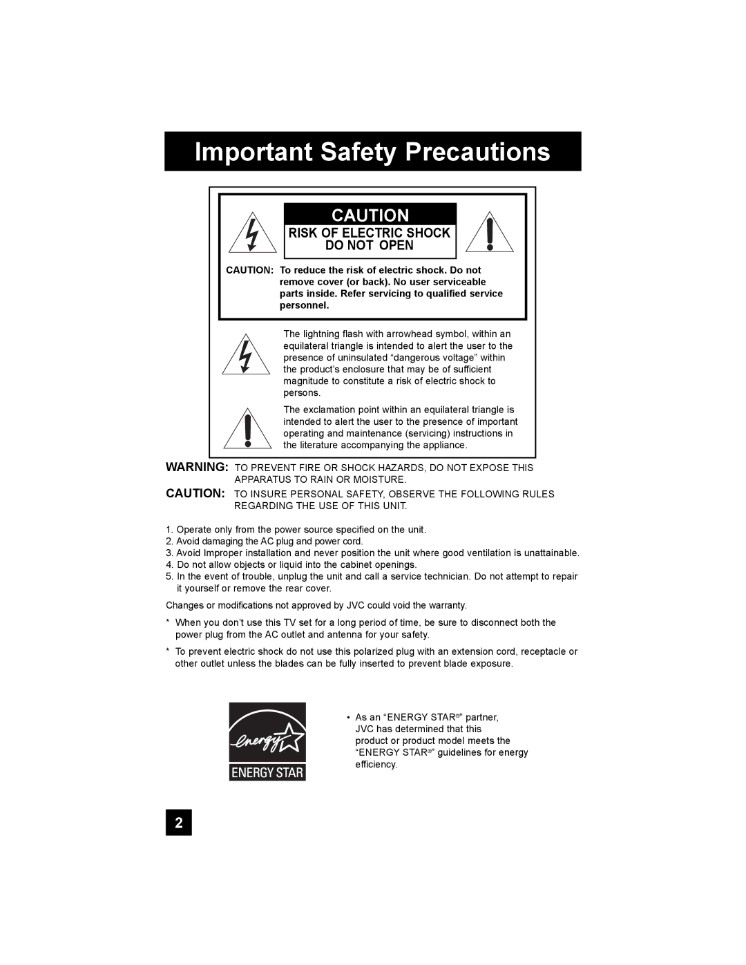 JVC LT-37E488, LT-42E488, LT-37E478, LT-32E488 manual Important Safety Precautions, Risk of Electric Shock Do not Open 