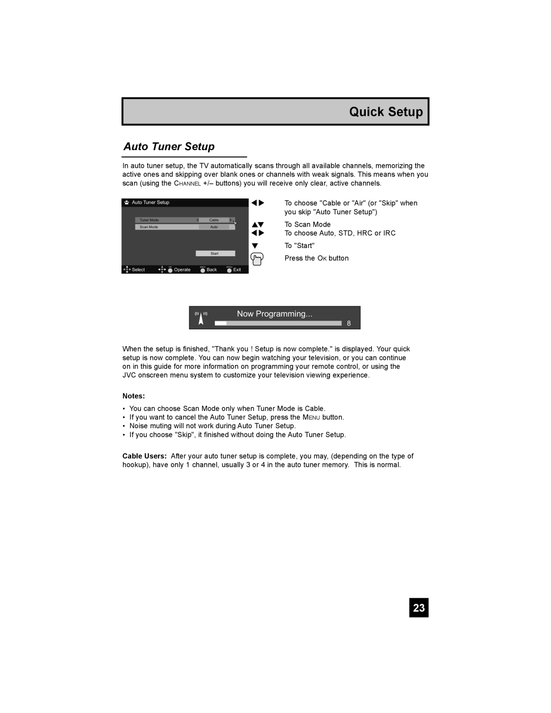 JVC LT-32E488, LT-42E488, LT-37E478, LT-37E488 manual Auto Tuner Setup, Now Programming 