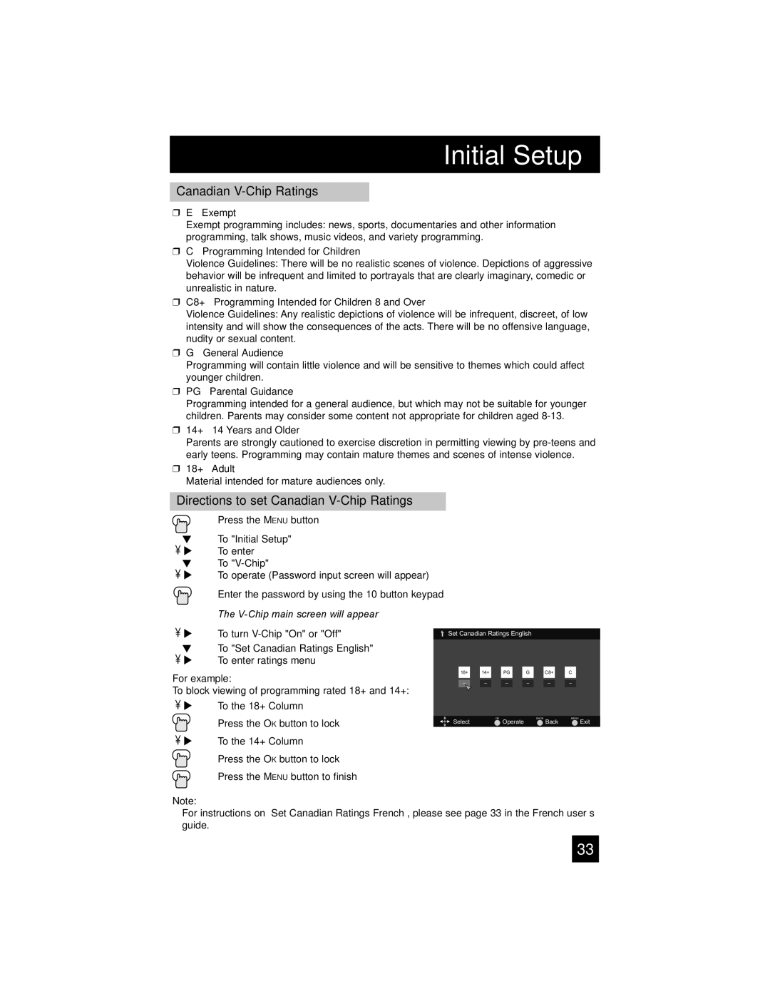 JVC LT-37E478, LT-42E488, LT-37E488, LT-32E488 manual Directions to set Canadian V-Chip Ratings 