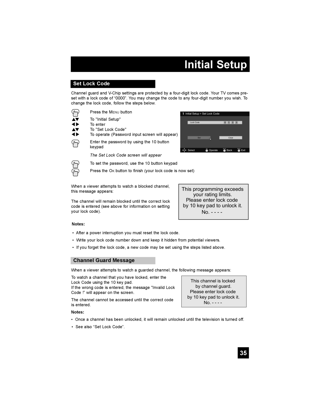 JVC LT-32E488, LT-42E488, LT-37E478, LT-37E488 manual Channel Guard Message, Set Lock Code screen will appear 