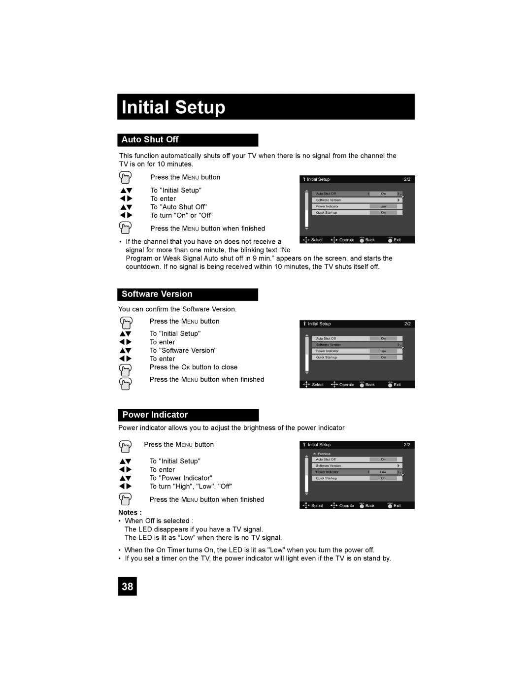 JVC LT-37E488, LT-42E488, LT-37E478, LT-32E488 manual Auto Shut Off, Software Version, Power Indicator 