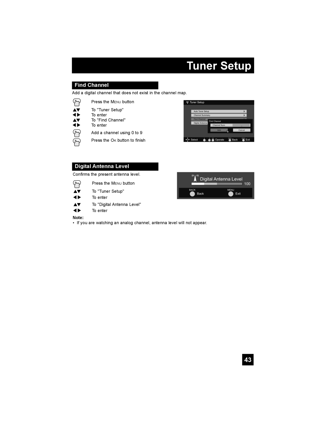 JVC LT-32E488, LT-42E488, LT-37E478, LT-37E488 manual Find Channel, Digital Antenna Level 