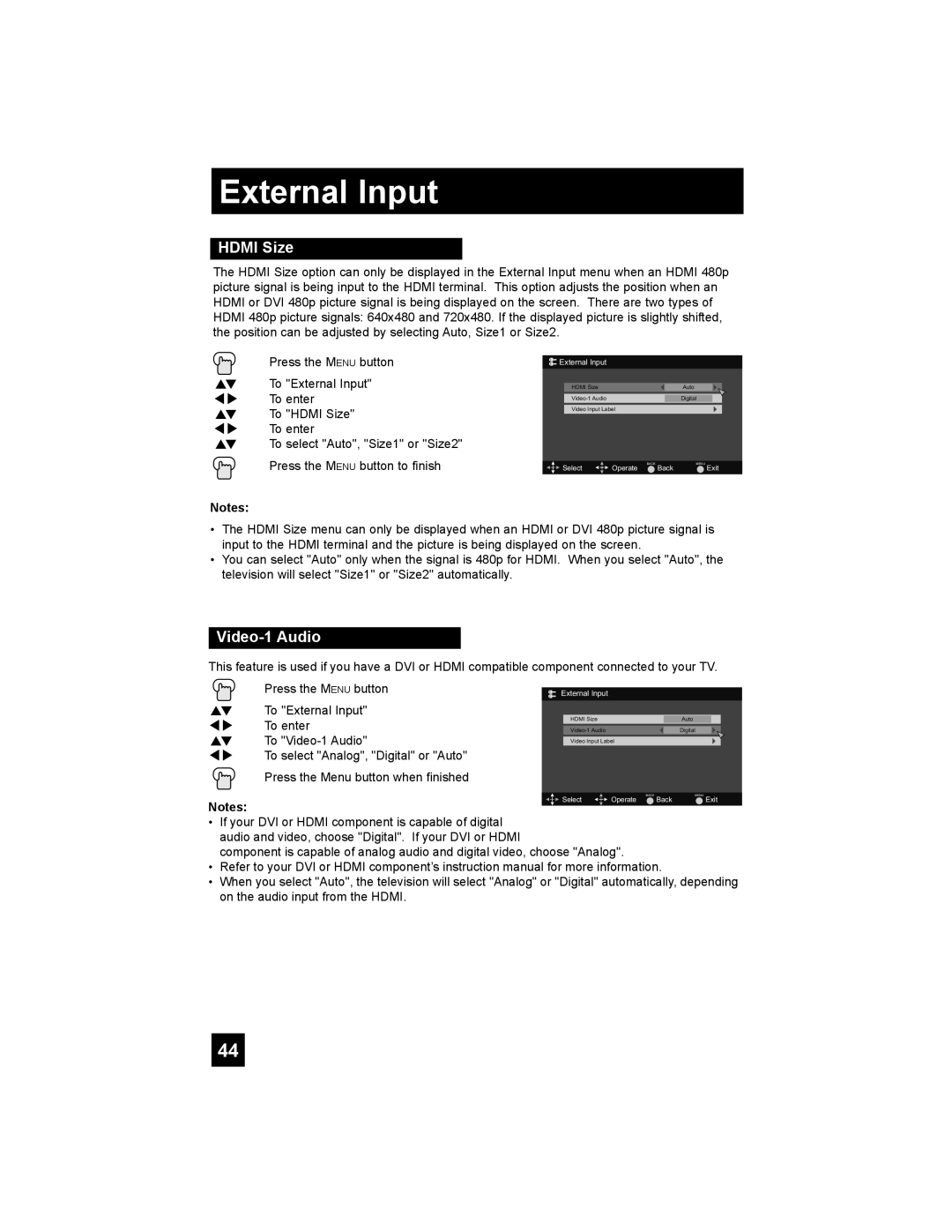 JVC LT-42E488, LT-37E478, LT-37E488, LT-32E488 manual External Input, Hdmi Size, Video-1 Audio 