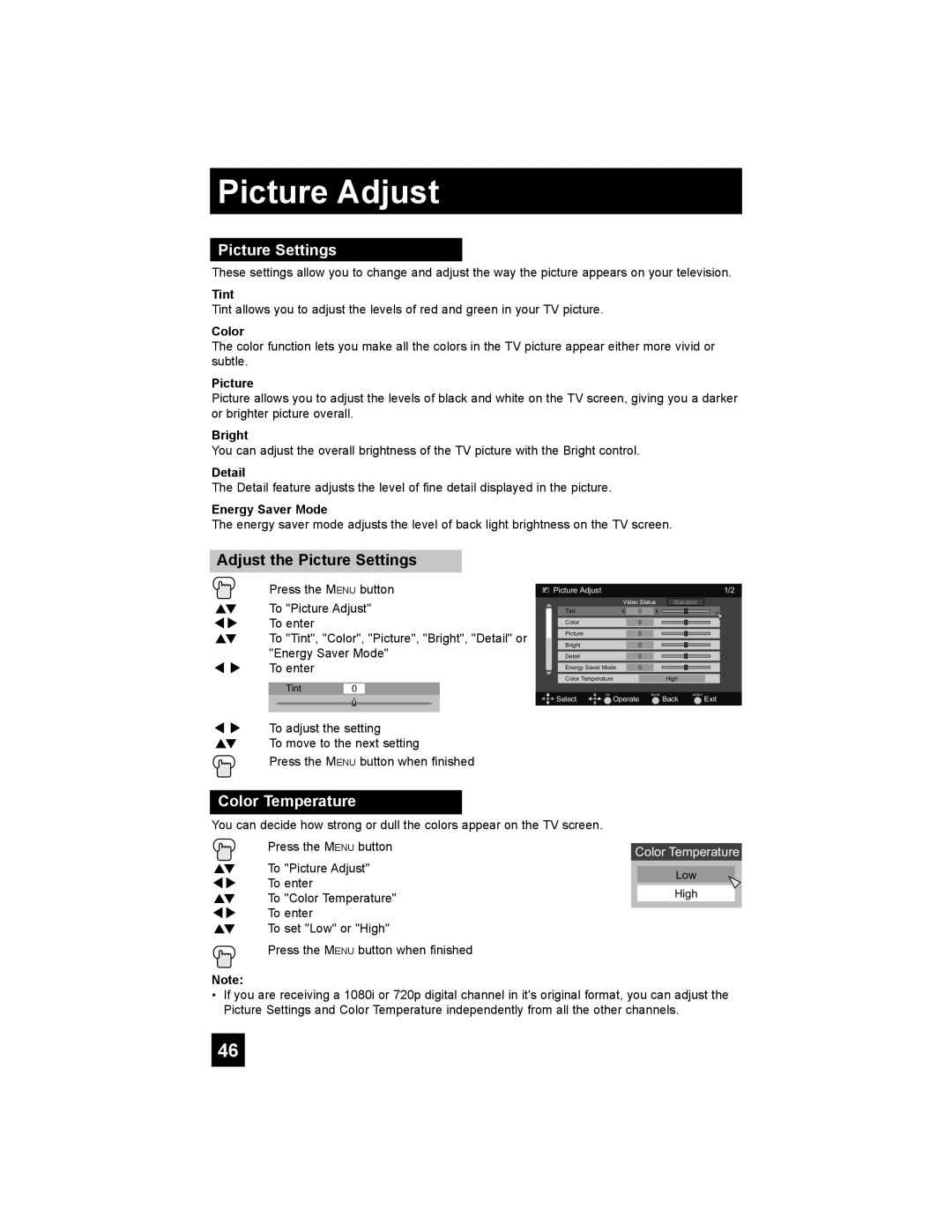 JVC LT-37E488, LT-42E488, LT-37E478, LT-32E488 manual Picture Adjust, Adjust the Picture Settings, Color Temperature 