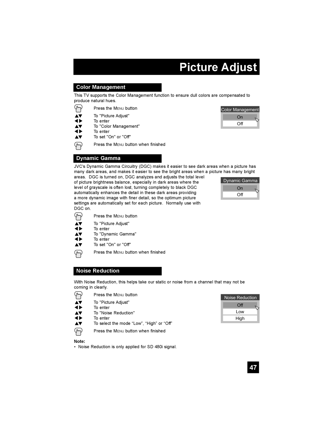 JVC LT-32E488, LT-42E488, LT-37E478, LT-37E488 manual Color Management, Dynamic Gamma, Noise Reduction 