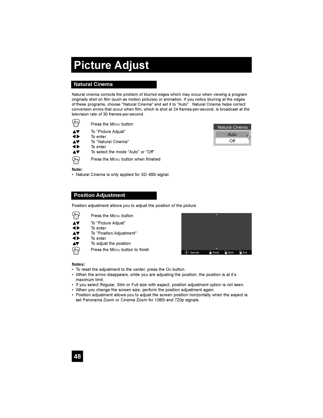 JVC LT-42E488, LT-37E478, LT-37E488, LT-32E488 manual Natural Cinema, Position Adjustment 