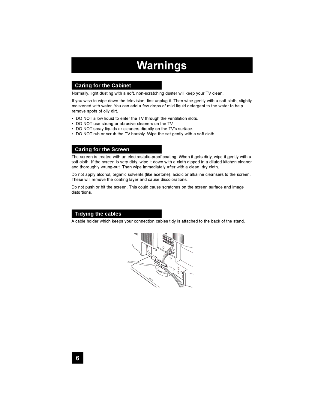 JVC LT-37E488, LT-42E488, LT-37E478, LT-32E488 manual Caring for the Cabinet, Caring for the Screen, Tidying the cables 