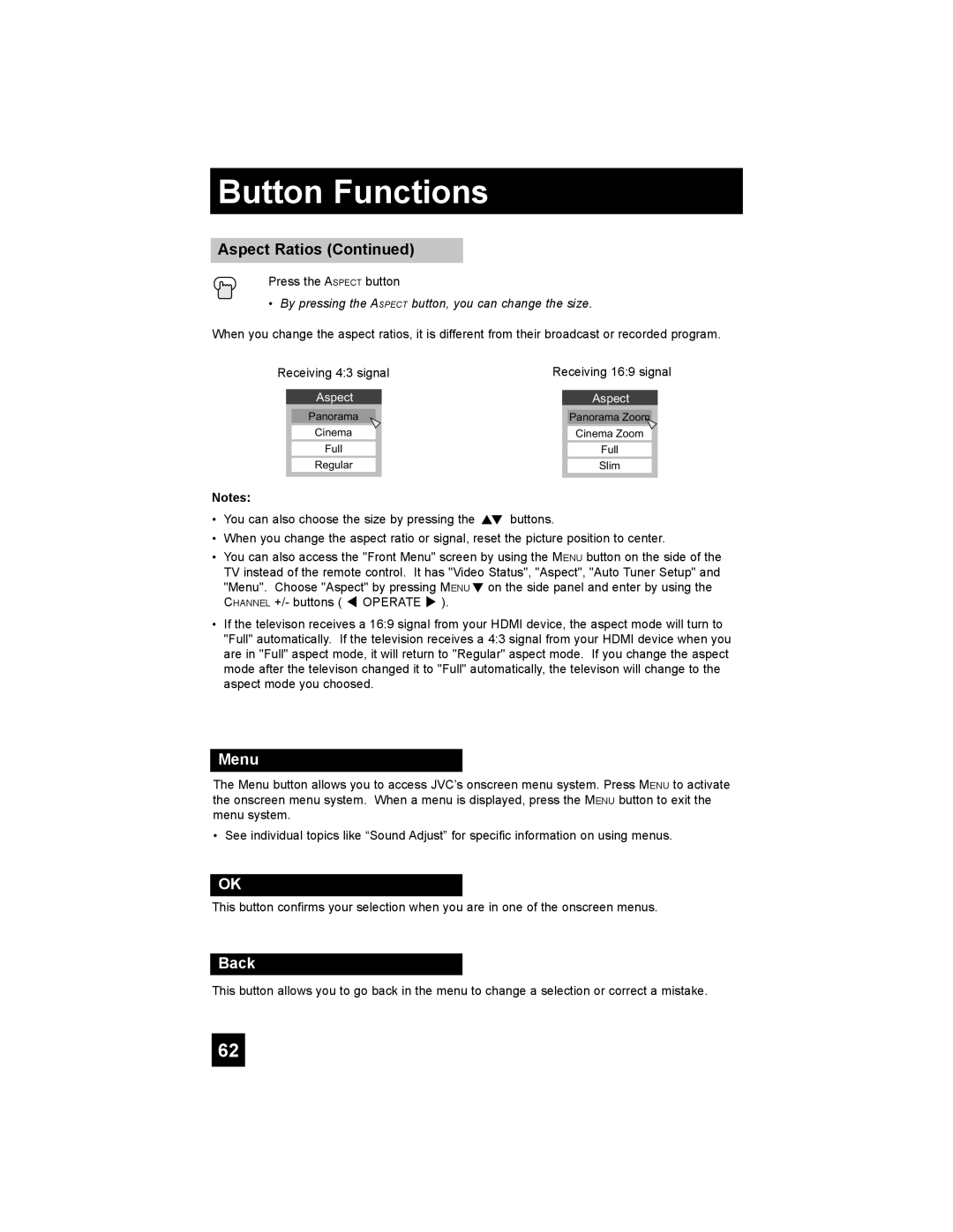 JVC LT-37E488, LT-42E488, LT-37E478, LT-32E488 manual Menu, Back, By pressing the Aspect button, you can change the size 