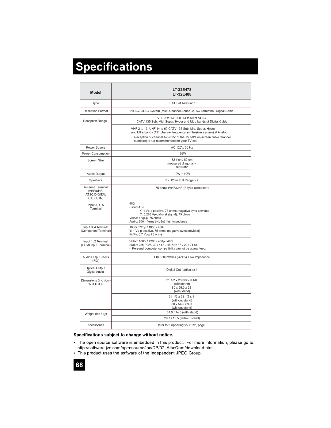 JVC LT-42E488, LT-37E478, LT-37E488, LT-32E488 manual Specifications subject to change without notice 