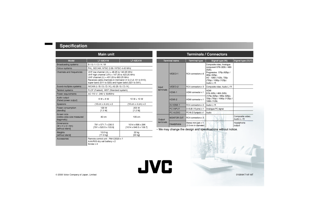 JVC LT-42EX18, LT-32EX18 manual Speciﬁcation, Main unit 