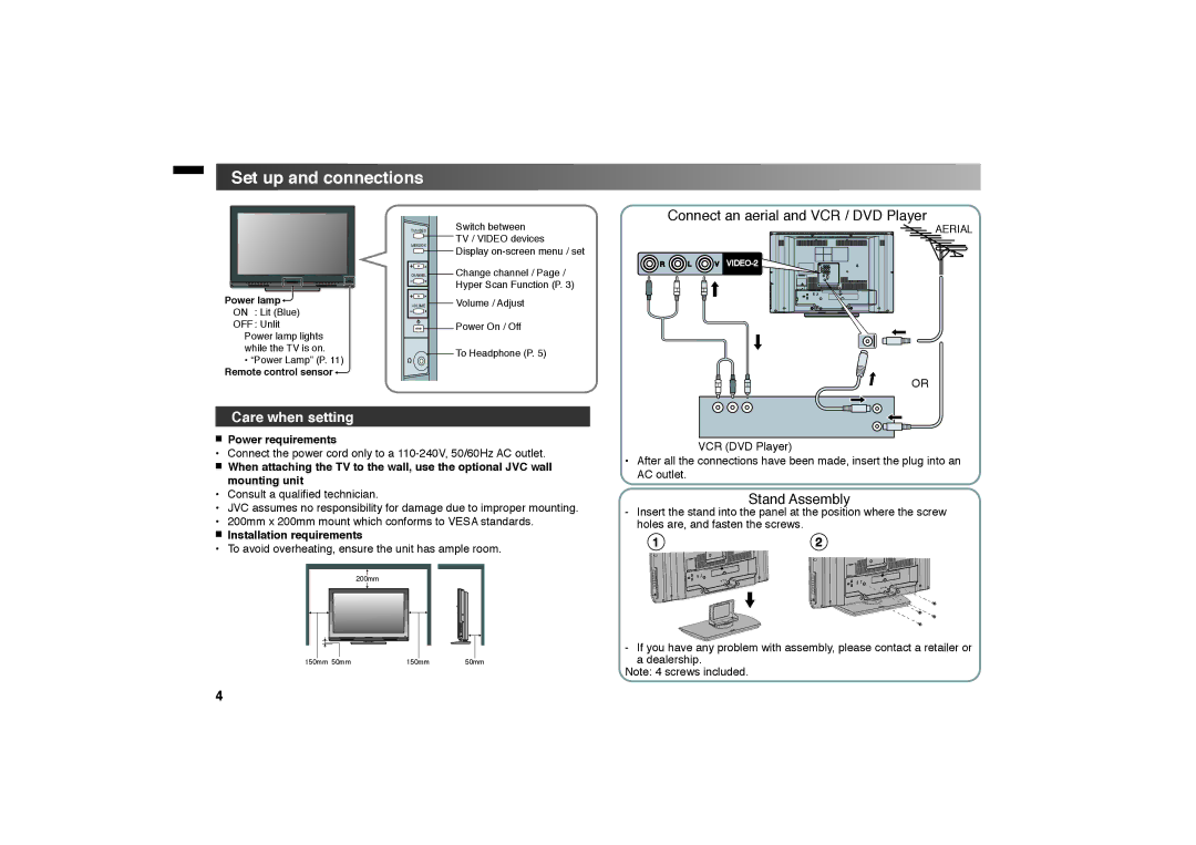 JVC LT-42EX18, LT-32EX18 manual Set up and connections, Power requirements, Installation requirements 