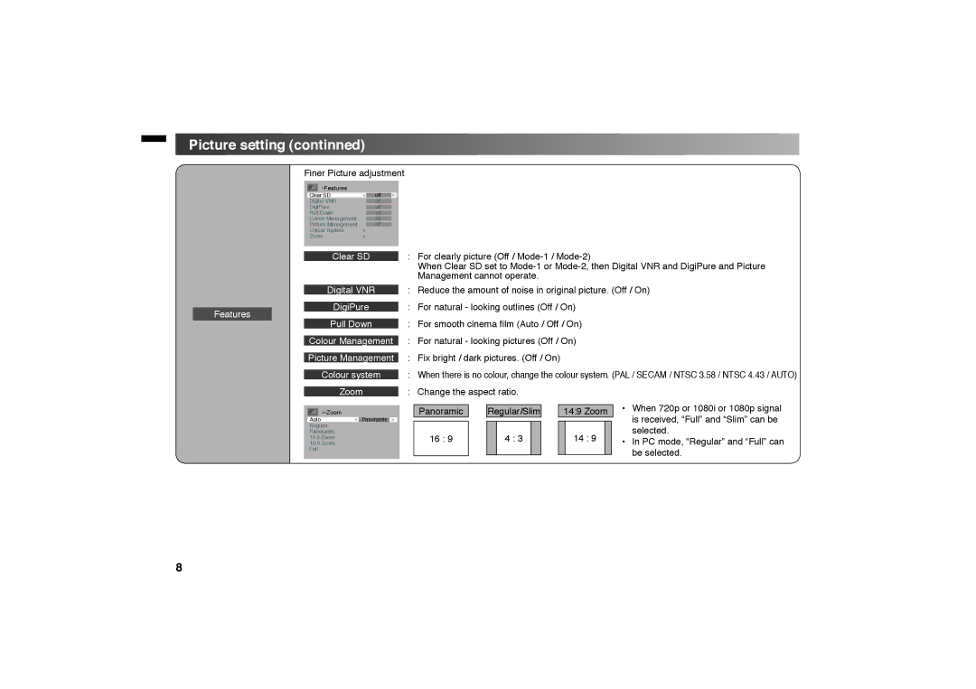 JVC LT-42EX18, LT-32EX18 manual Picture setting continned, Zoom 