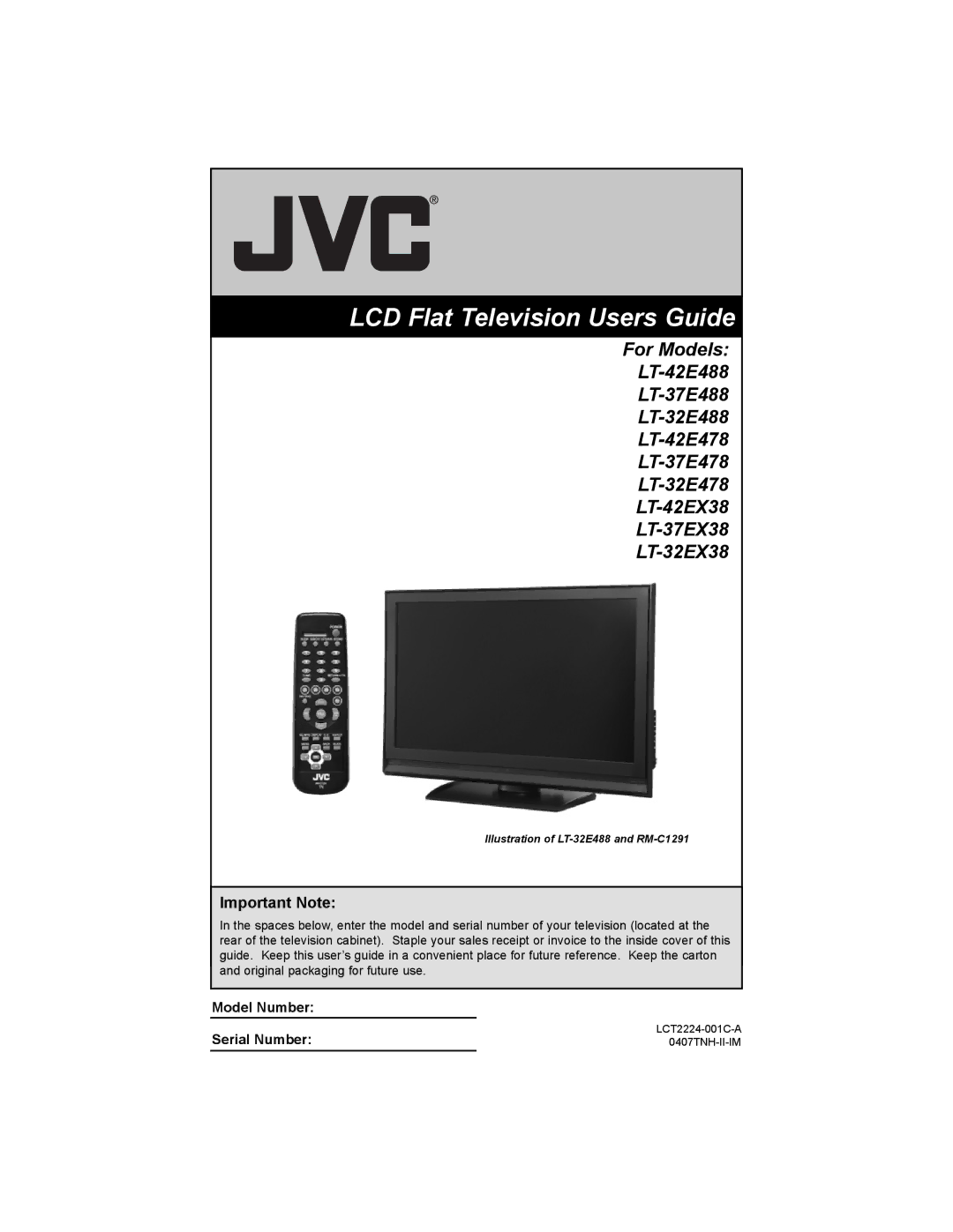 JVC LT-37EX38, LT-42EX38, LT-32EX38 manual LCD Flat Television Users Guide, Important Note 