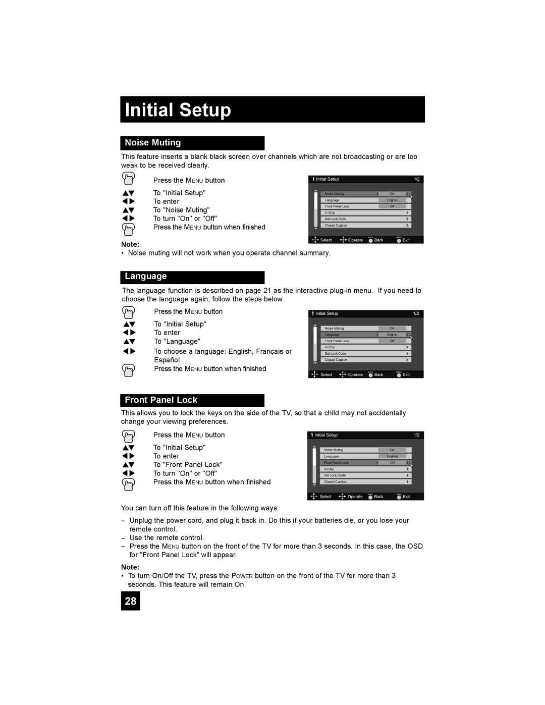 JVC LT-37EX38, LT-42EX38, LT-32EX38 manual Initial Setup, Noise Muting, Language, Front Panel Lock 