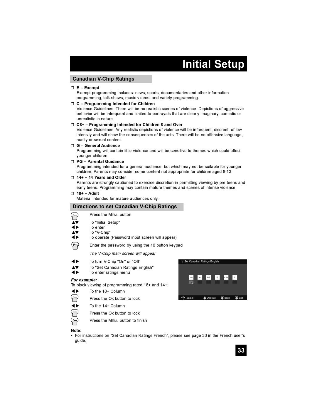 JVC LT-42EX38, LT-37EX38, LT-32EX38 manual Directions to set Canadian V-Chip Ratings 