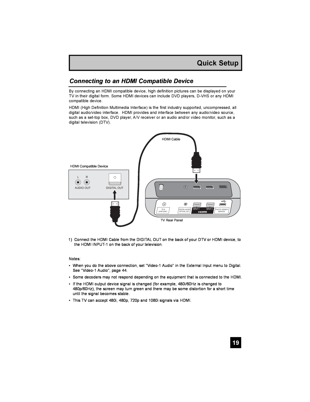 JVC LT-37EX38, LT-42EX38, LT-32EX38 manual Connecting to an HDMI Compatible Device, Quick Setup 