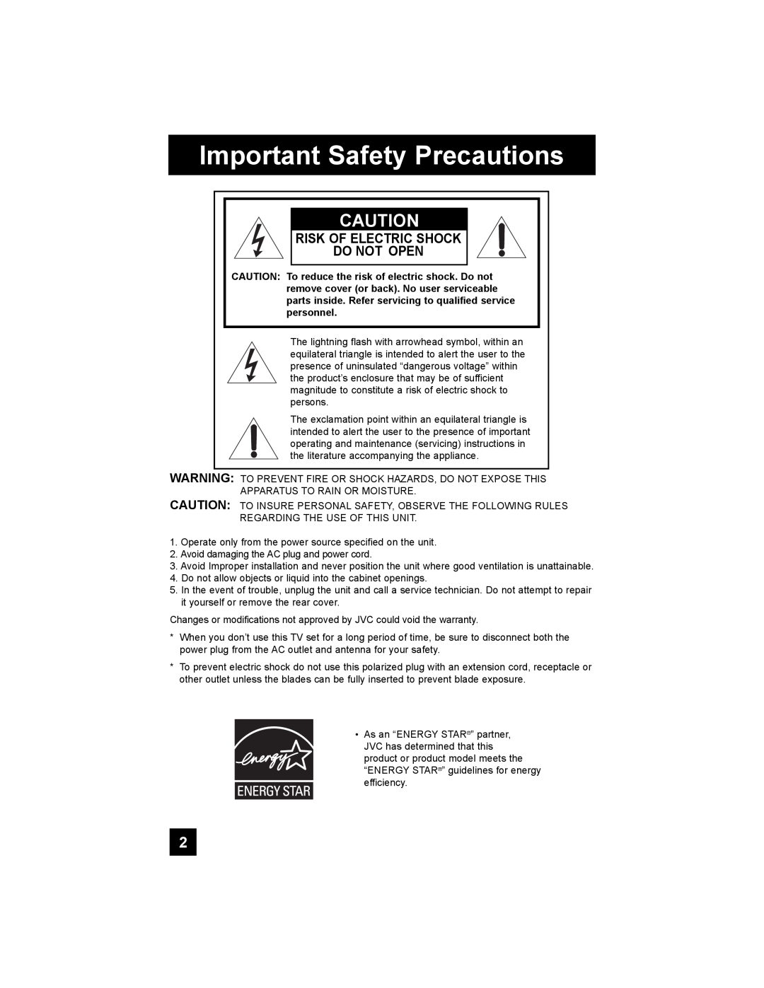 JVC LT-32EX38, LT-42EX38, LT-37EX38 manual Important Safety Precautions, Risk Of Electric Shock Do Not Open 