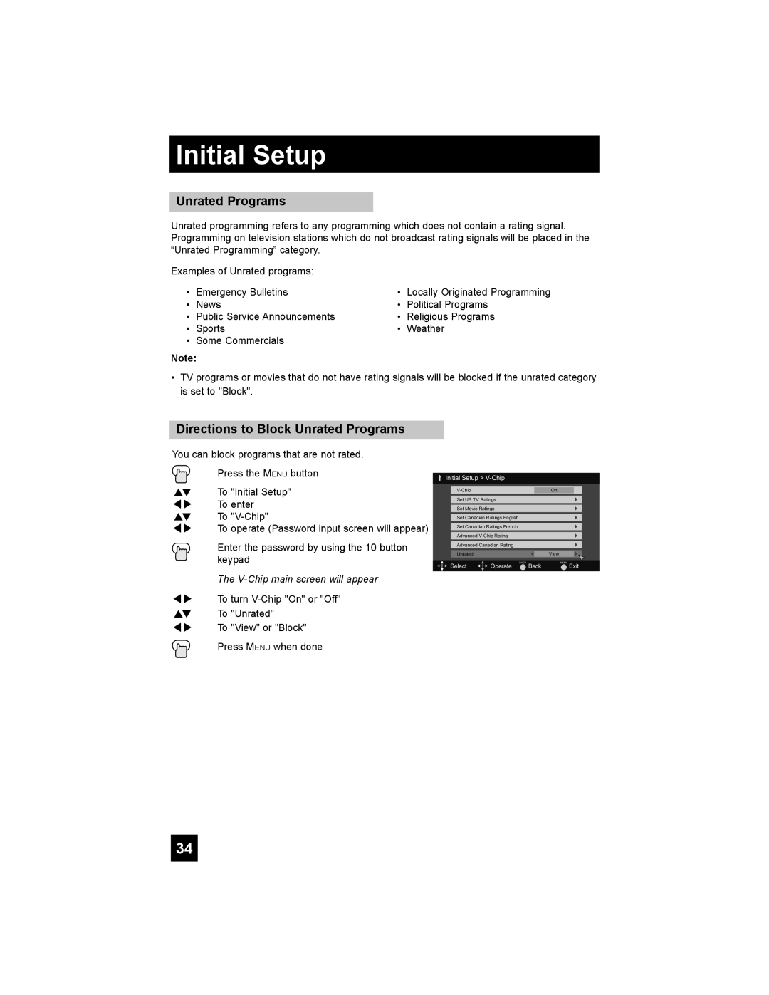 JVC LT-37EX38, LT-42EX38 manual Directions to Block Unrated Programs, Initial Setup, The V-Chip main screen will appear 