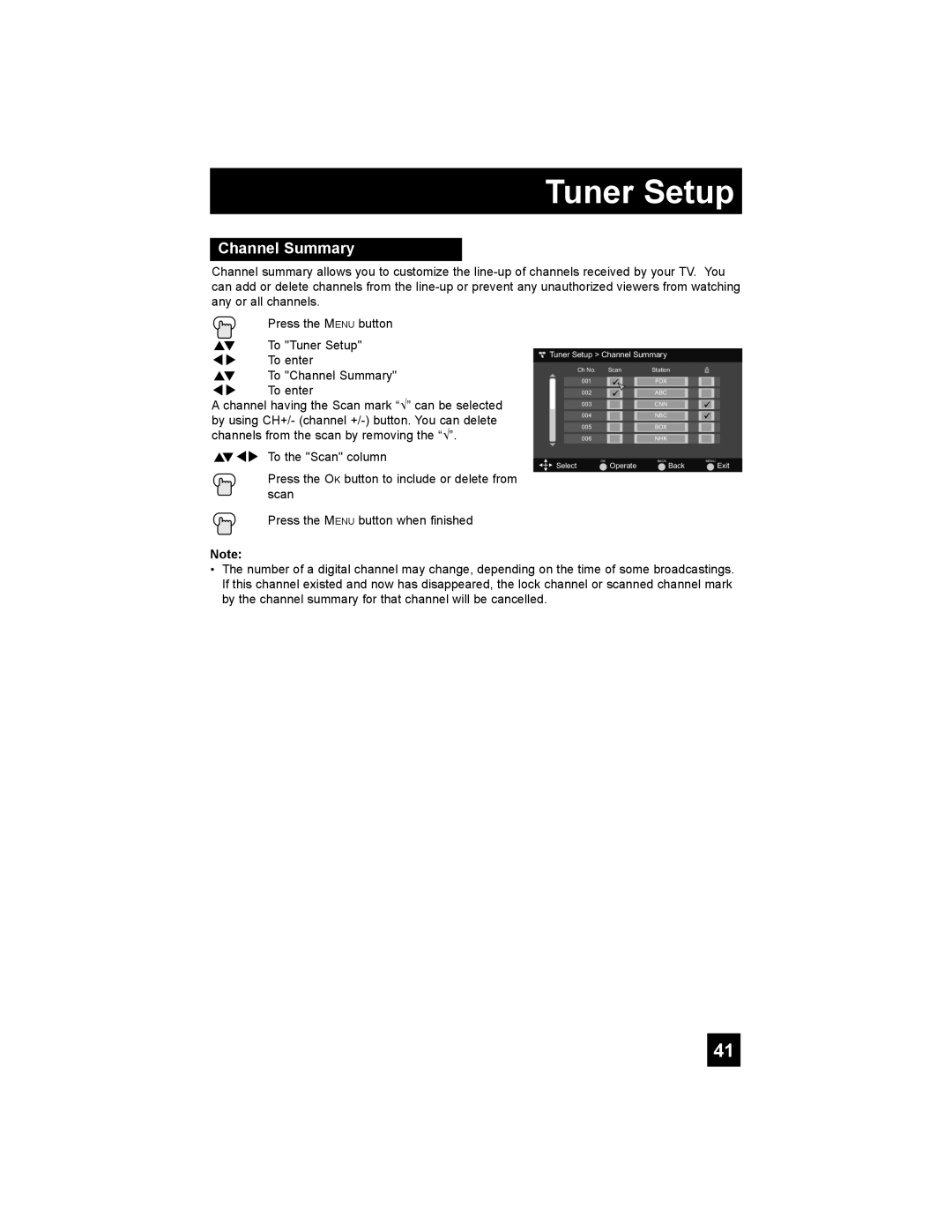 JVC LT-32EX38, LT-42EX38, LT-37EX38 manual + Tuner Setup Channel Summary 