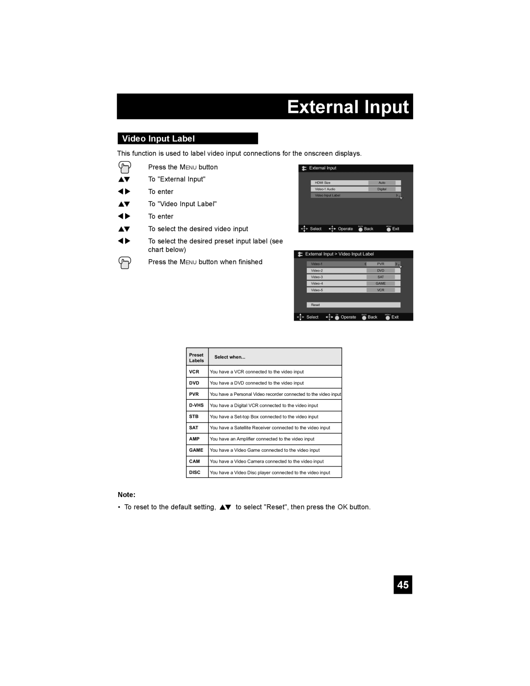 JVC LT-42EX38, LT-37EX38, LT-32EX38 manual Video Input Label, External Input 