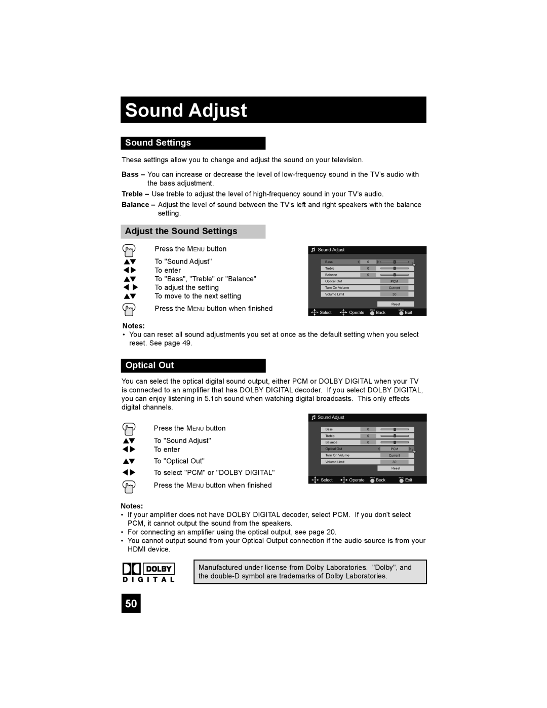 JVC LT-32EX38, LT-42EX38, LT-37EX38 manual Sound Adjust, Adjust the Sound Settings, Optical Out 