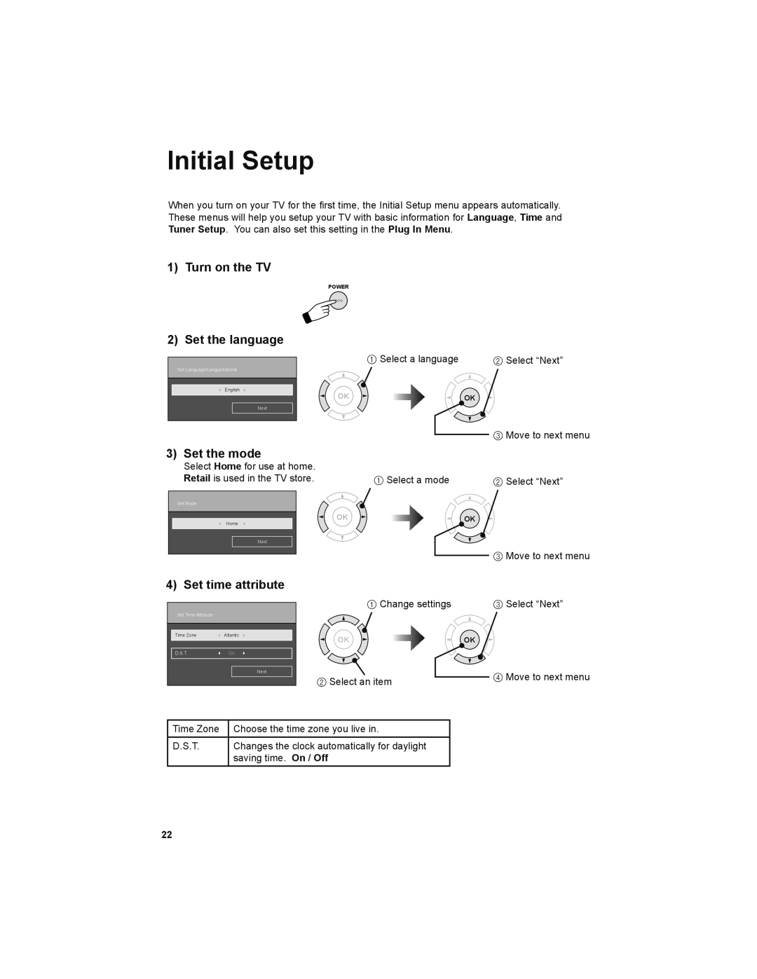 JVC LT-42PM30 manual Initial Setup, Turn on the TV Set the language, Set the mode, Set time attribute 