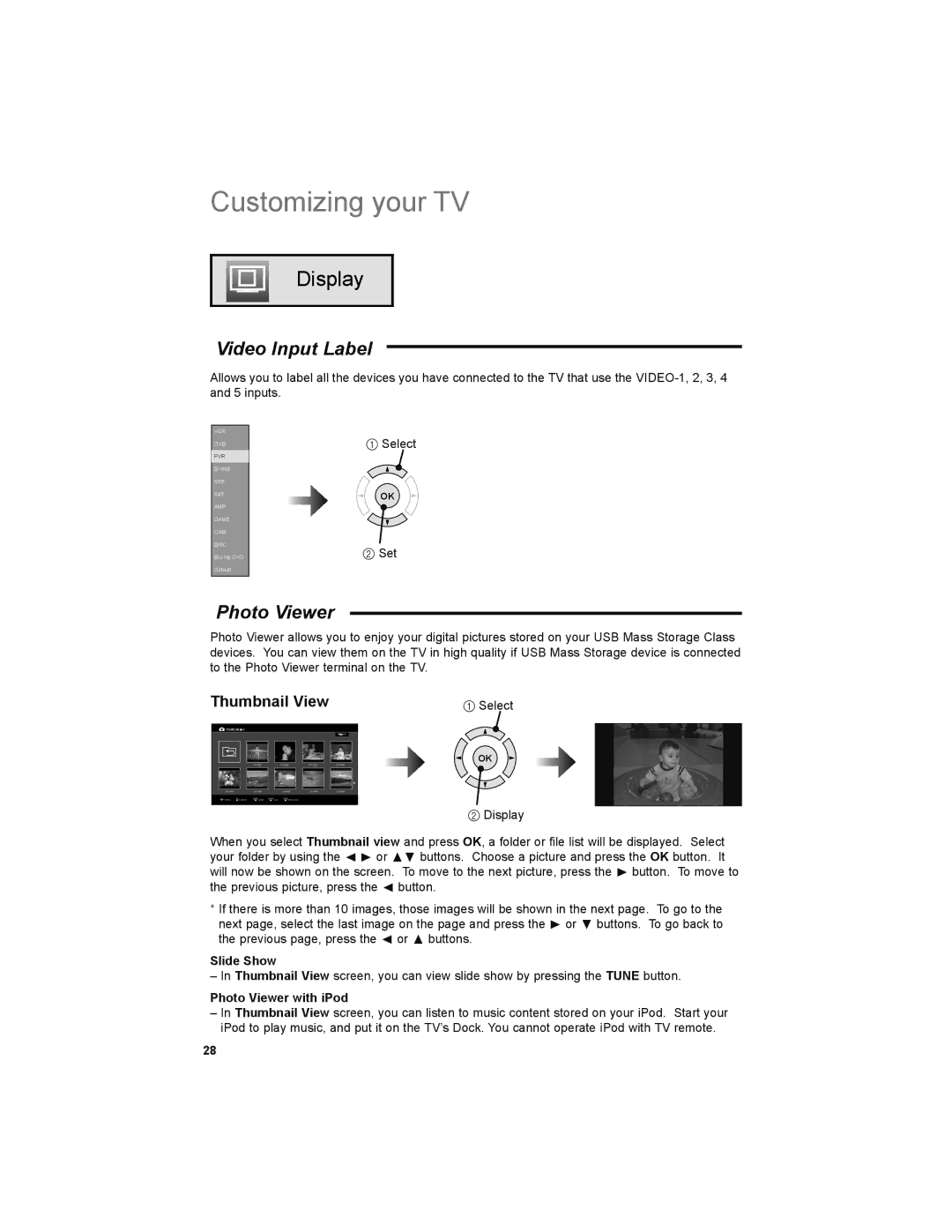 JVC LT-42PM30 manual Video Input Label, Thumbnail View, Slide Show, Photo Viewer with iPod 