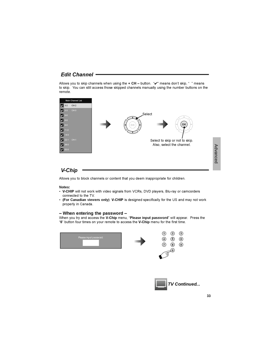 JVC LT-42PM30 manual Edit Channel, Chip, When entering the password 