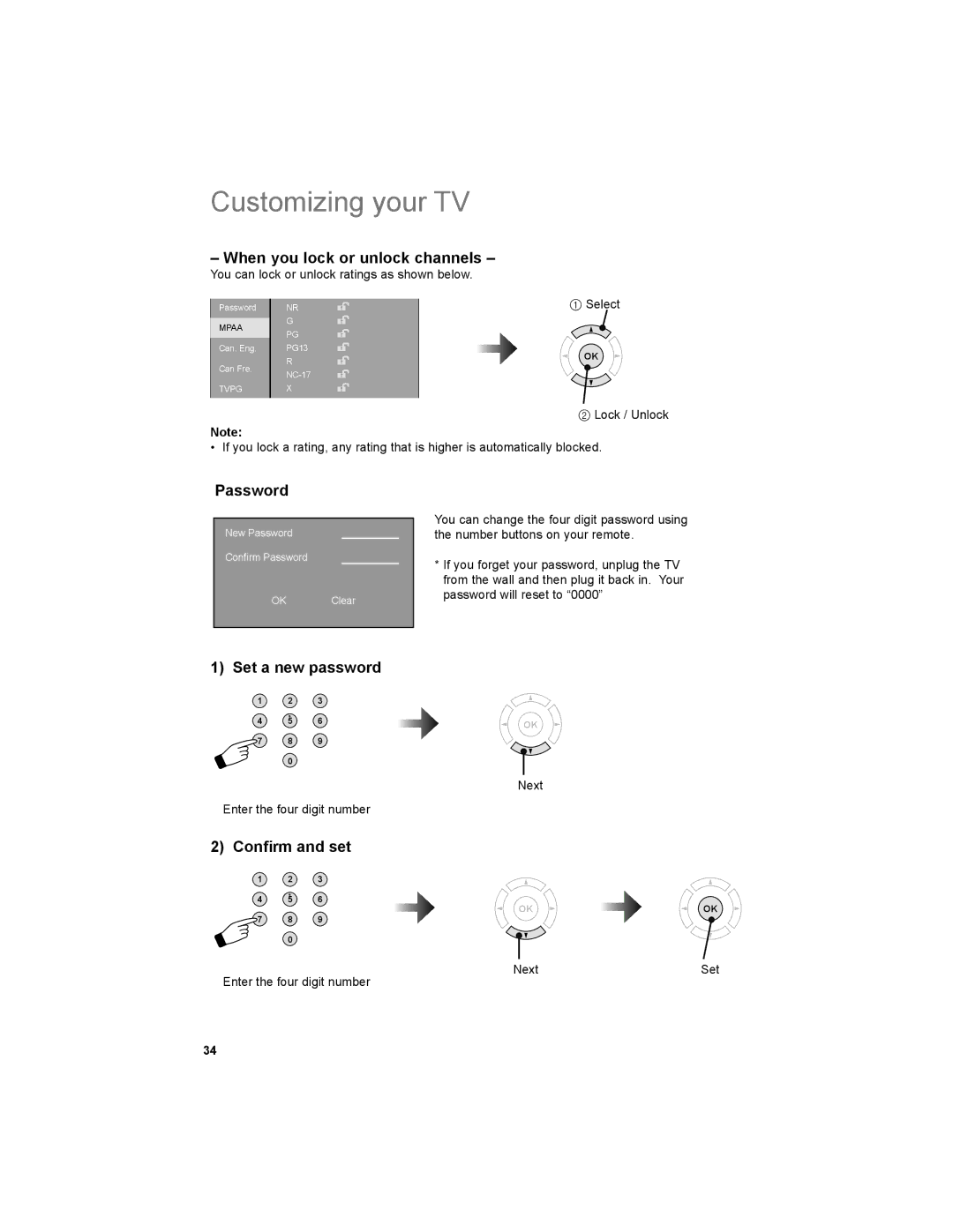 JVC LT-42PM30 manual When you lock or unlock channels, Password, Set a new password, Conﬁrm and set, Next Set 