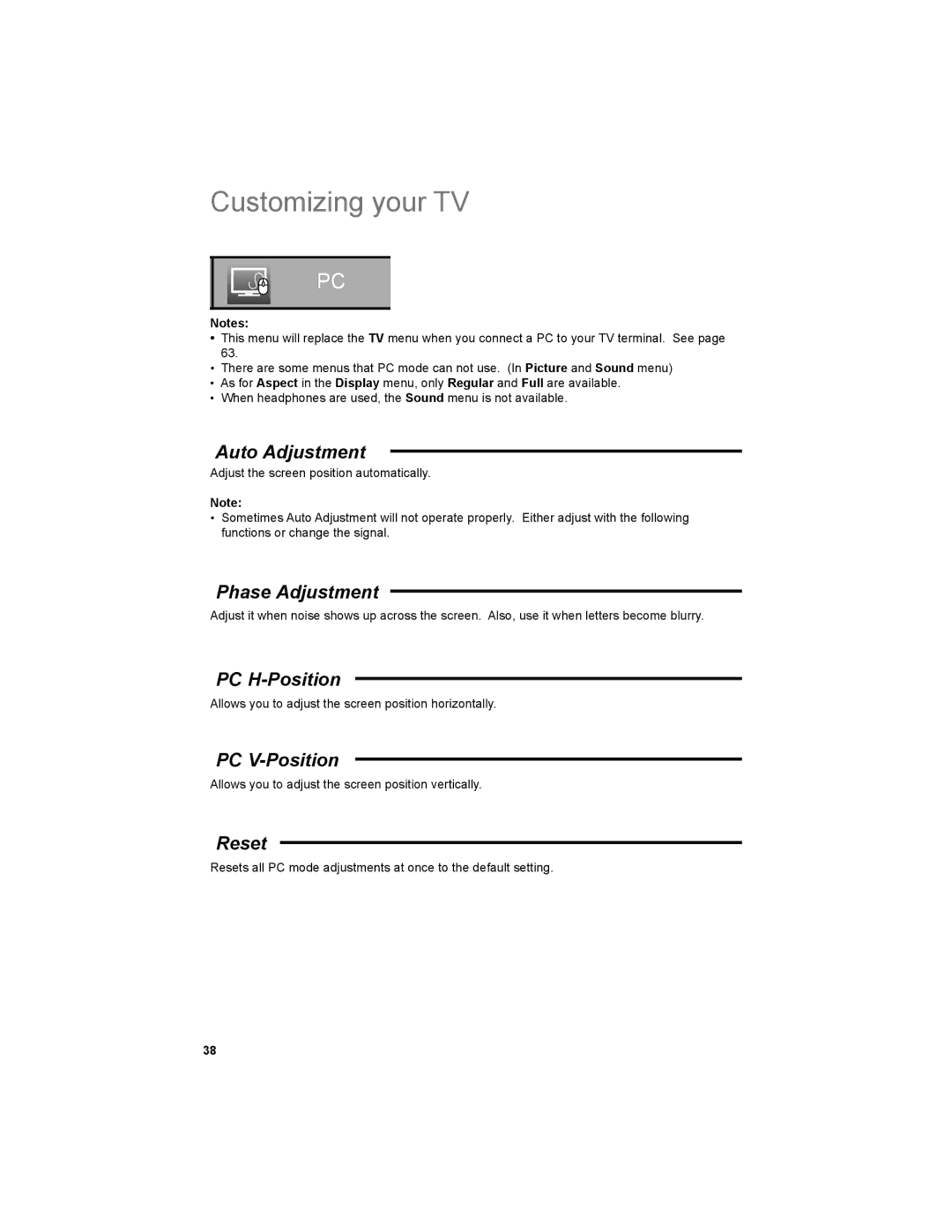 JVC LT-42PM30 manual Auto Adjustment, Phase Adjustment, PC H-Position, PC V-Position, Reset 