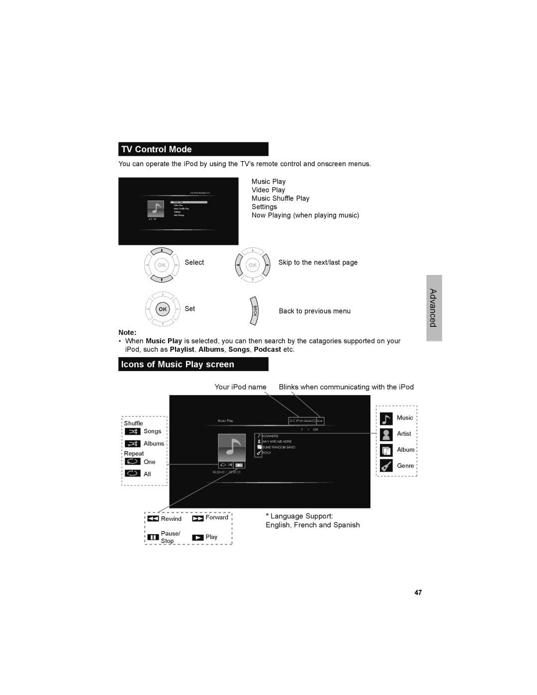 JVC LT-42PM30 manual Icons of Music Play screen, Select Skip to the next/last 