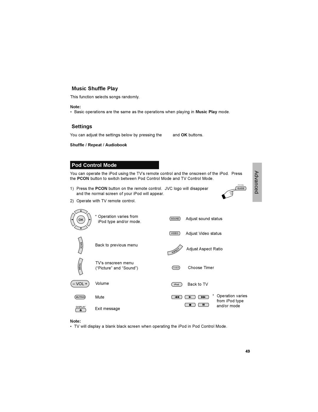 JVC LT-42PM30 manual Music Shuffle Play, Settings, Shuffle / Repeat / Audiobook 