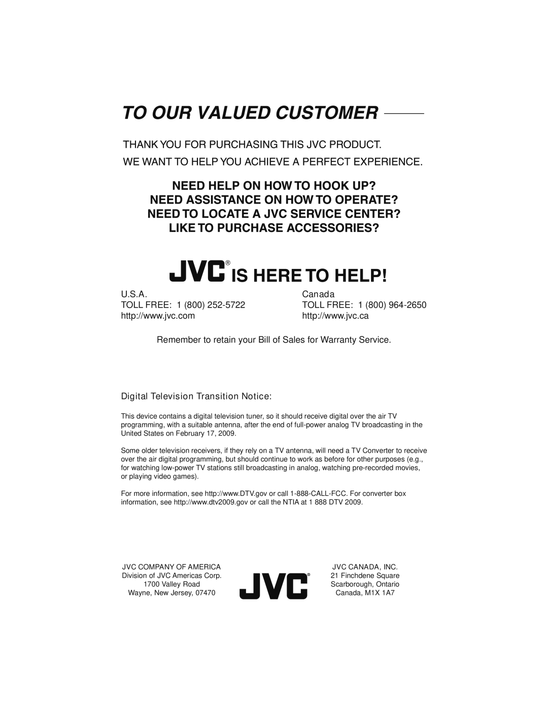 JVC LT-42PM30 manual Canada, Digital Television Transition Notice 