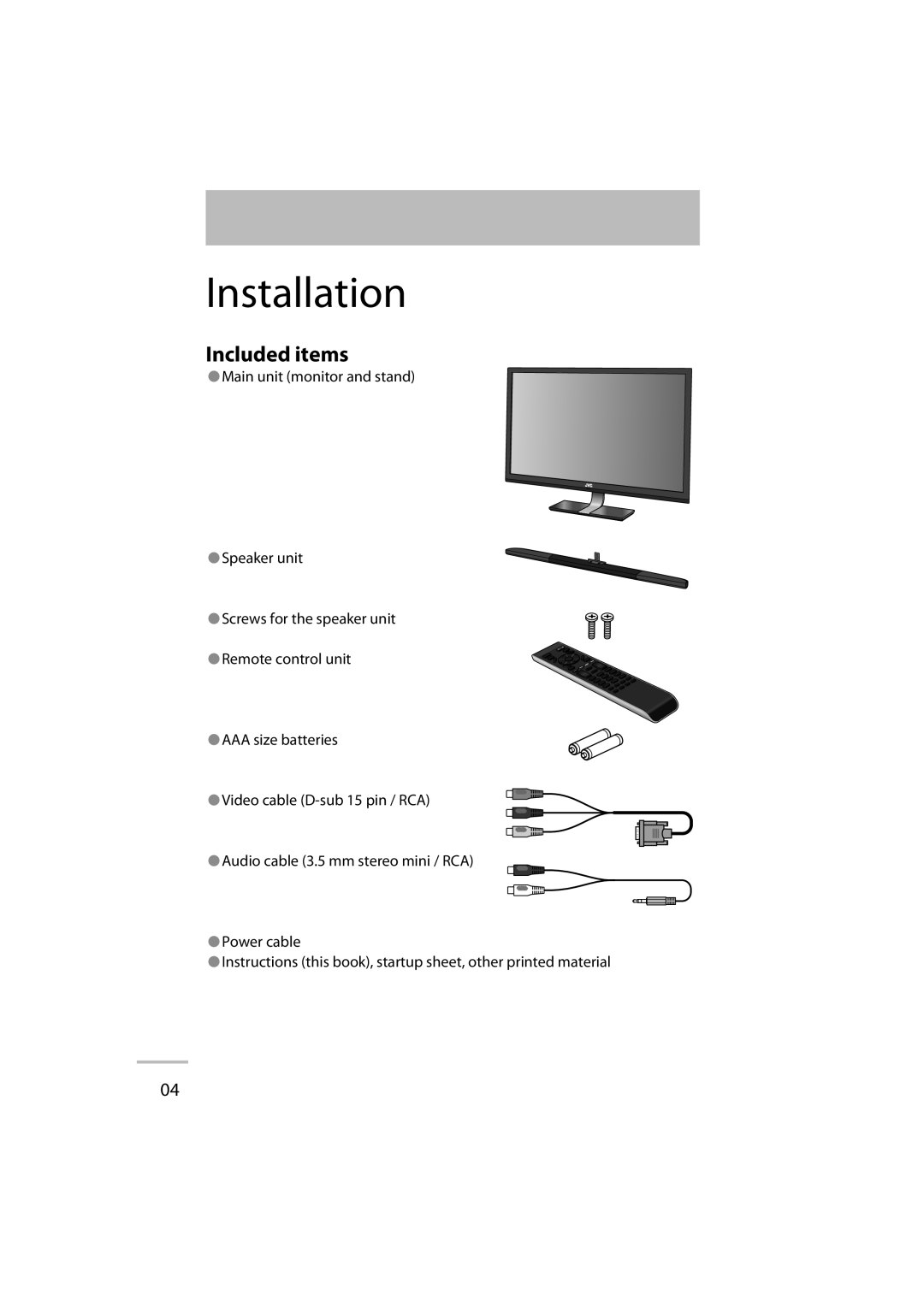 JVC LT-42WX70 manual Installation, Included items 