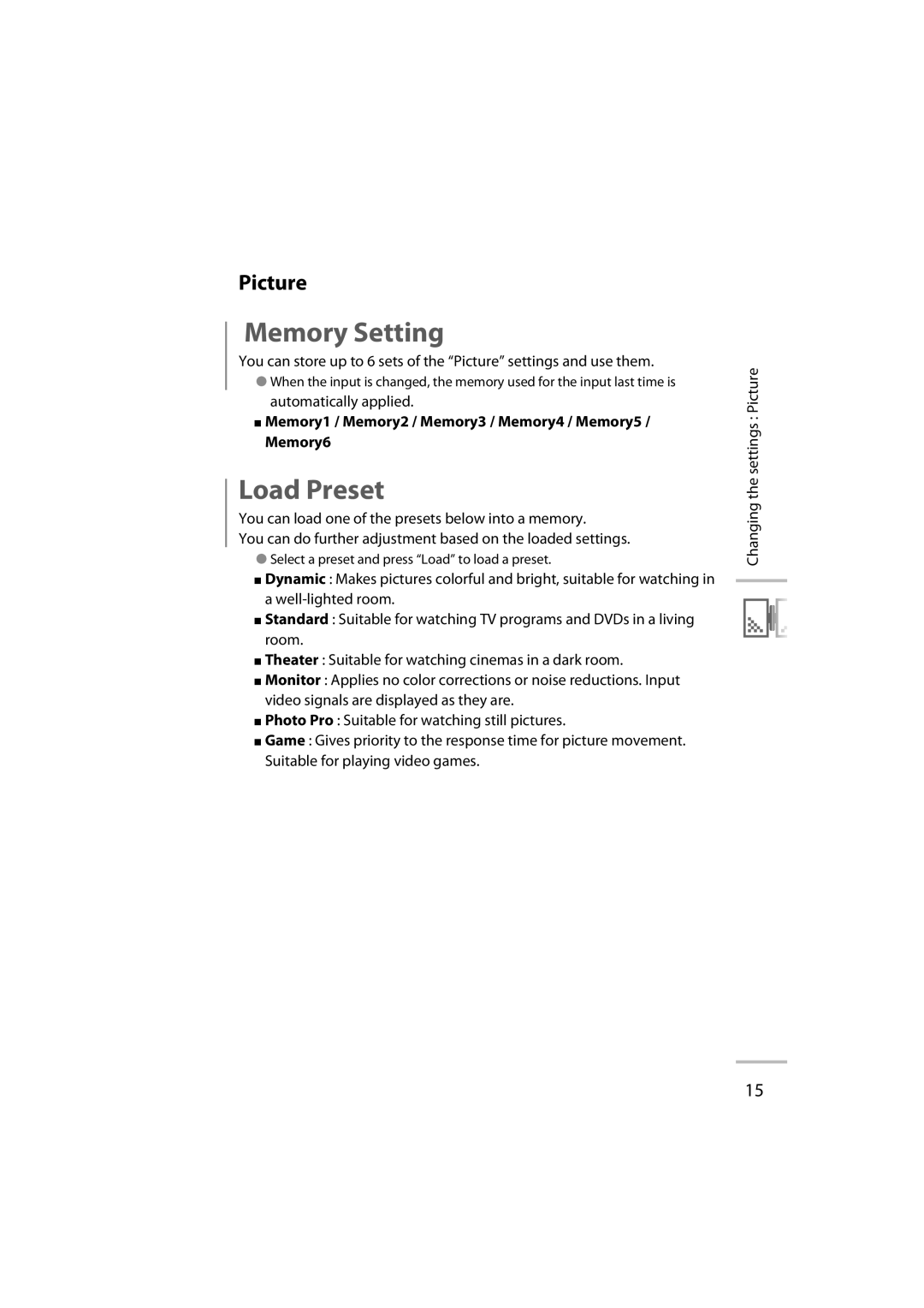 JVC LT-42WX70 manual Memory Setting, Picture 