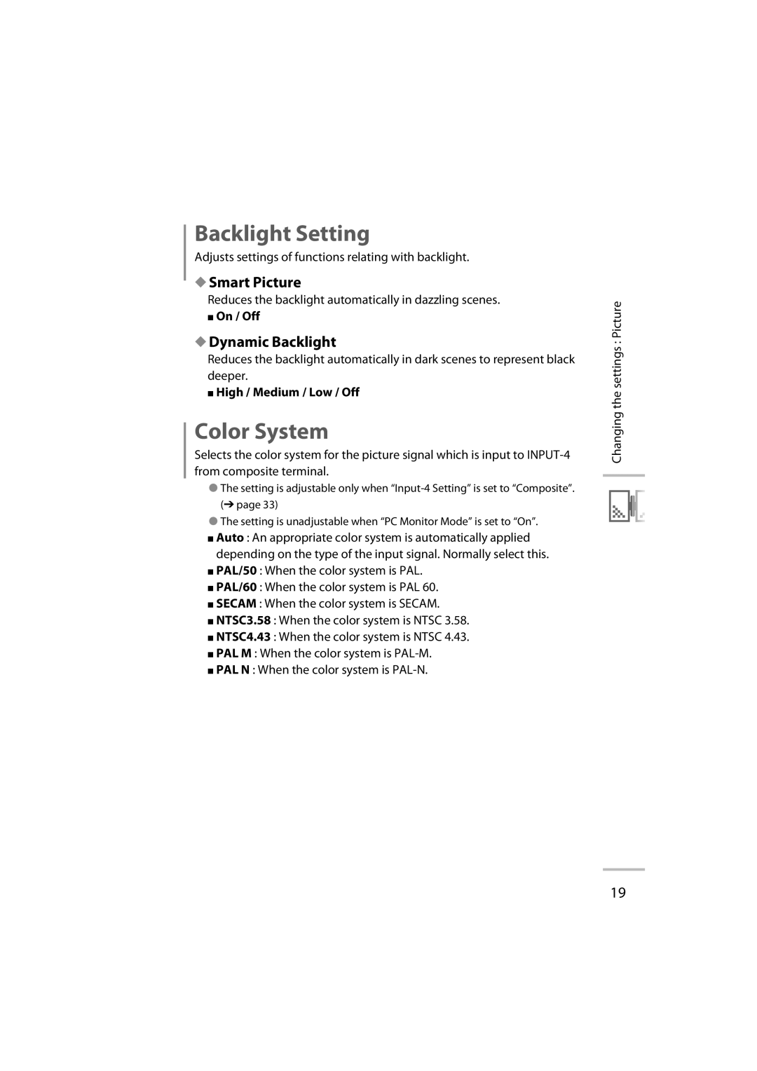 JVC LT-42WX70 manual Backlight Setting, Color System 