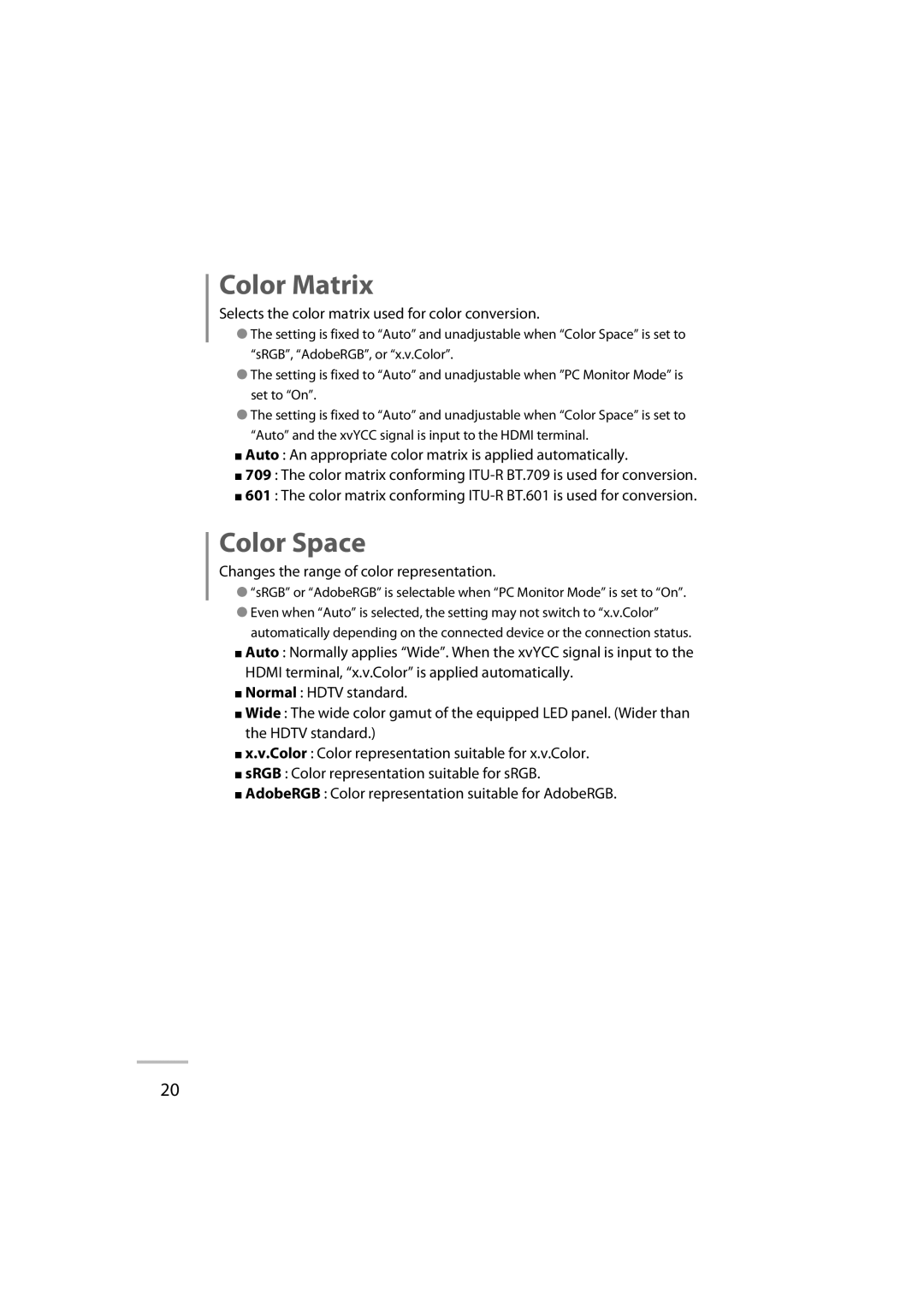 JVC LT-42WX70 manual Color Matrix, Color Space, Selects the color matrix used for color conversion 