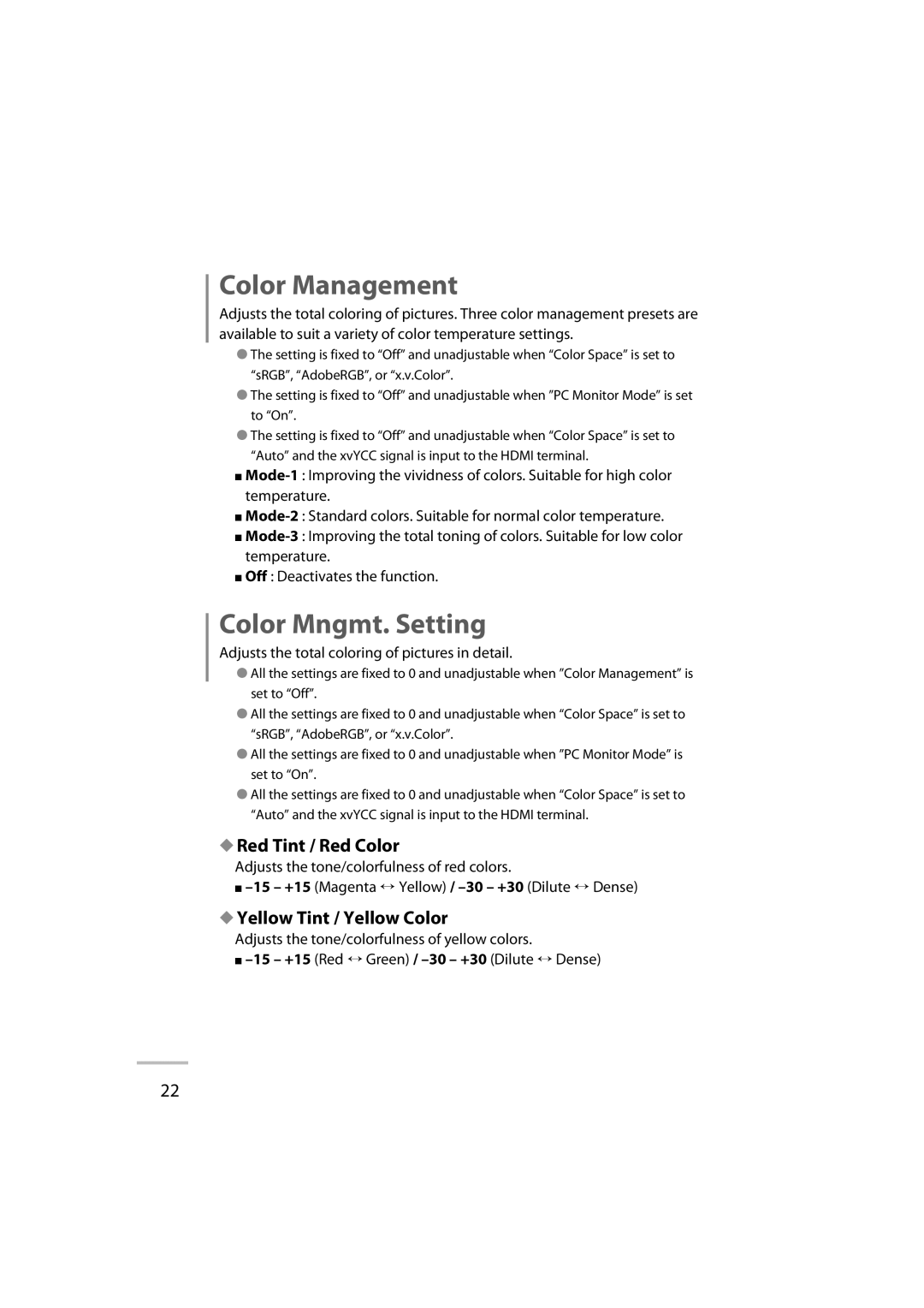 JVC LT-42WX70 manual Color Management, Color Mngmt. Setting, Red Tint / Red Color, Yellow Tint / Yellow Color 