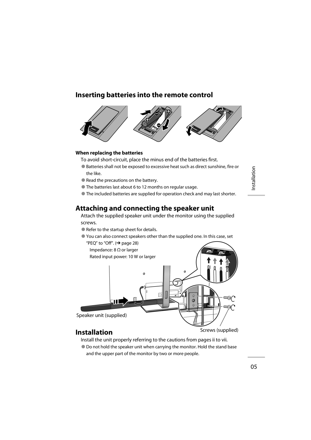 JVC LT-42WX70 manual Inserting batteries into the remote control, Attaching and connecting the speaker unit, Installation 