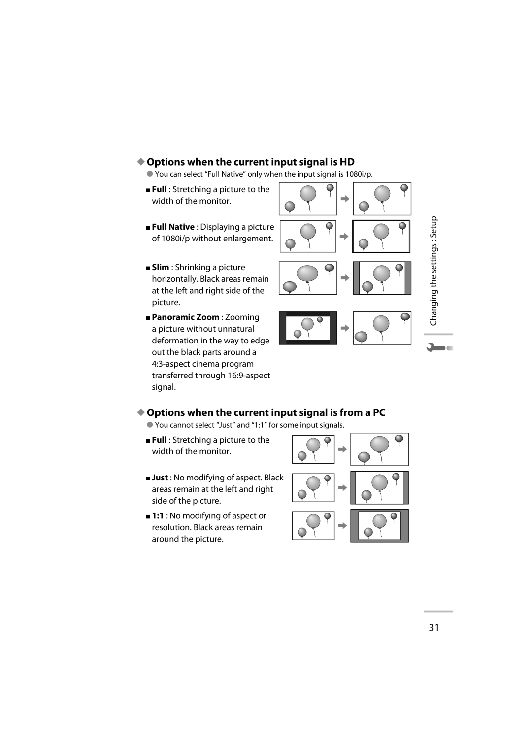 JVC LT-42WX70 manual Options when the current input signal is HD 