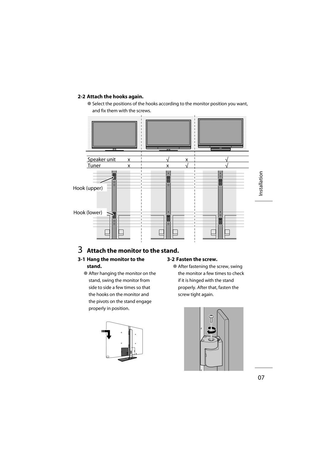 JVC LT-42WX70 Attach the monitor to the stand, Attach the hooks again, Speaker unit Tuner Hook upper, Fasten the screw 