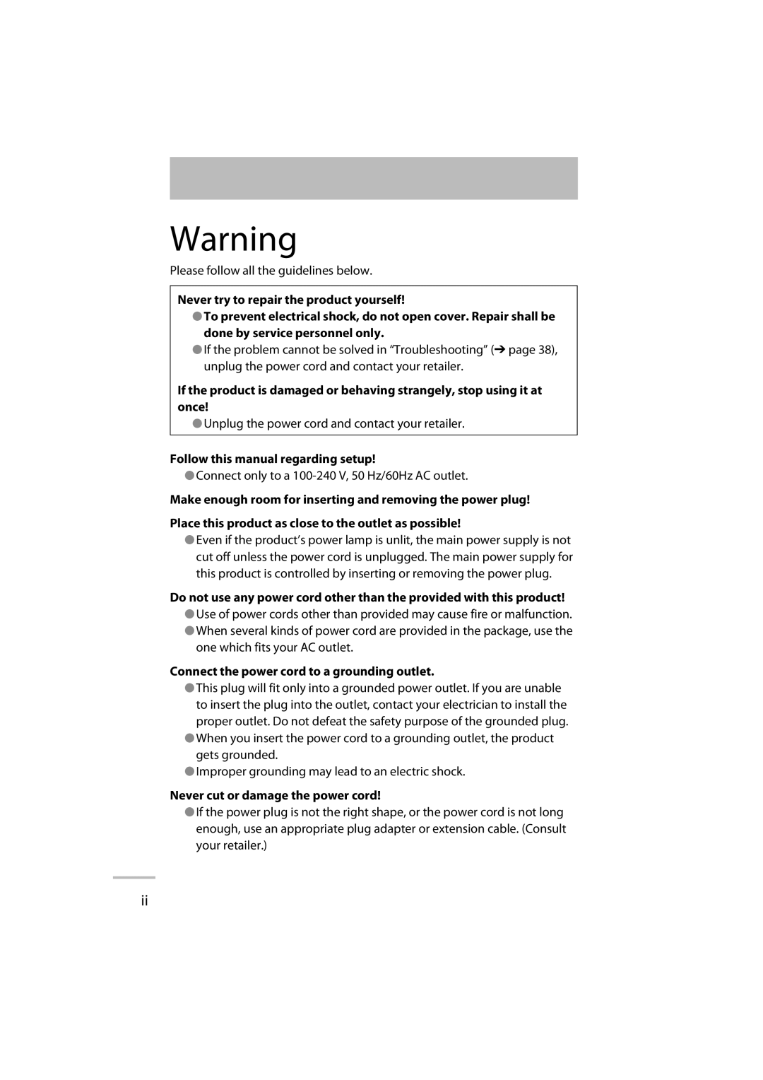 JVC LT-42WX70 manual Please follow all the guidelines below, Connect only to a 100-240 V, 50 Hz/60Hz AC outlet 