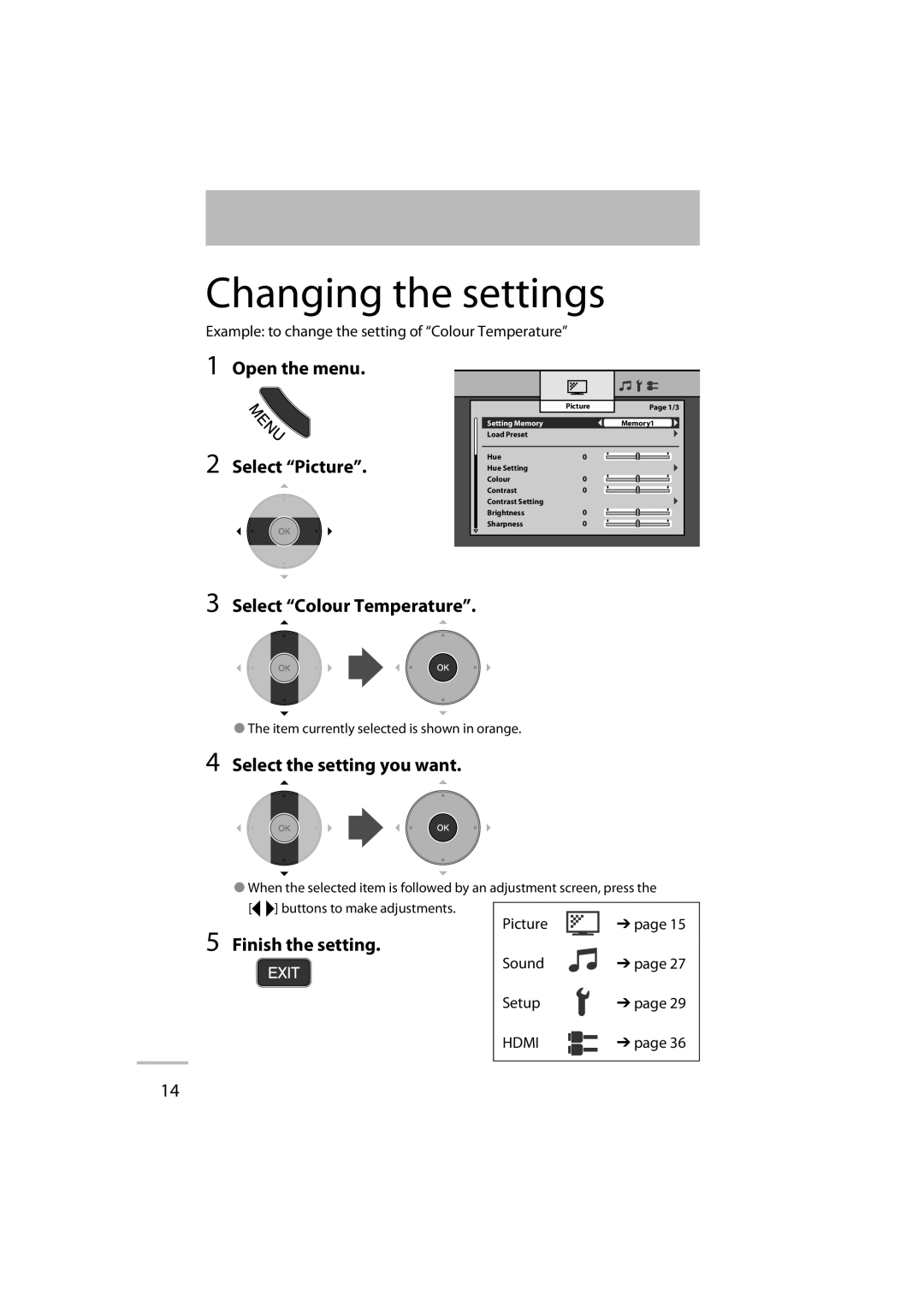 JVC LT-42WX70 manual Changing the settings 