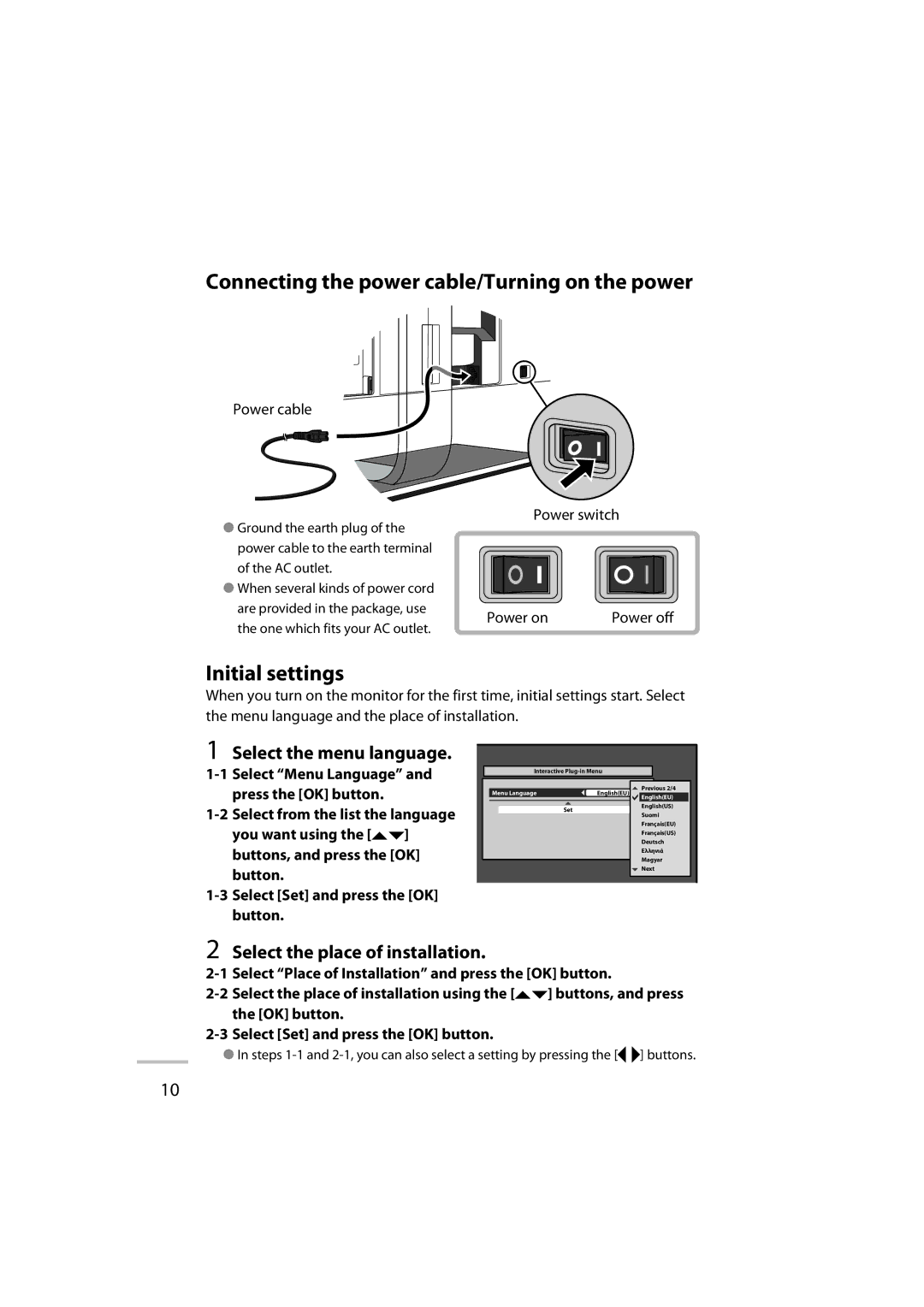 JVC LT-42WX70 manual Connecting the power cable/Turning on the power, Initial settings, Select the menu language 